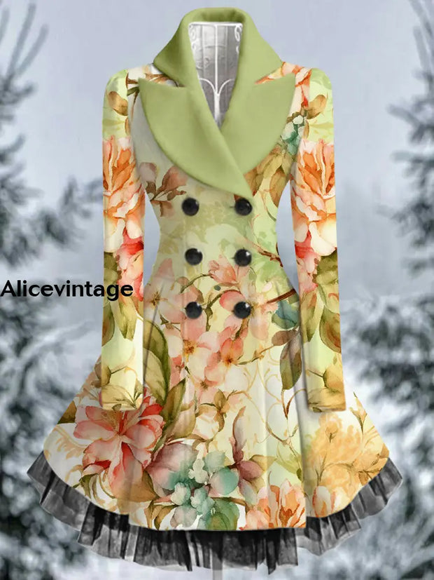 Floral Print Vintage Elegant Lapel V-Neck Button Up Long Sleeve Coat Dress A / S