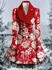 Floral Print Vintage Elegant Lapel V-Neck Button Up Long Sleeve Coat Dress A / S