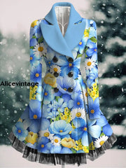 Floral Print Vintage Elegant Lapel V-Neck Button Up Long Sleeve Coat Dress A / S