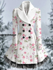 Floral Print Vintage Elegant Lapel V-Neck Button Up Long Sleeve Coat Dress A / S