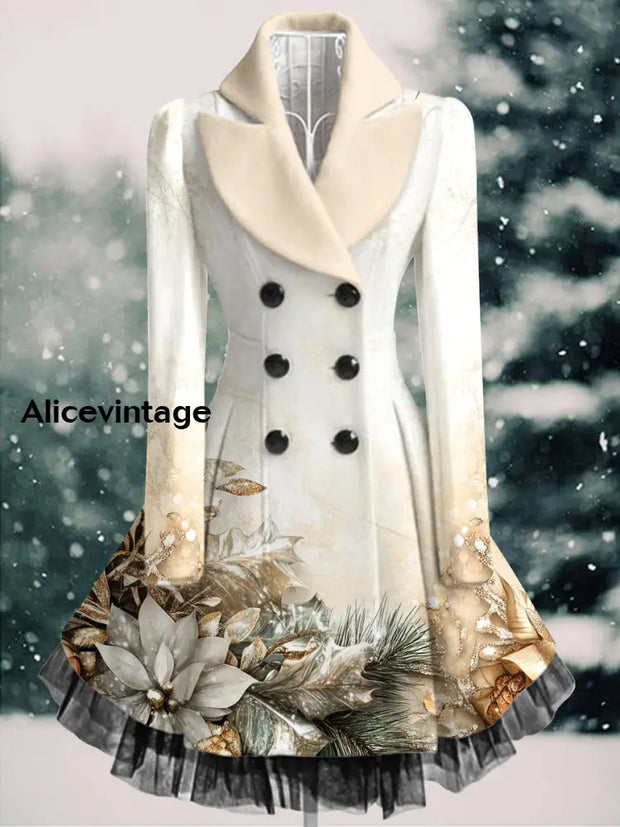 Floral Print Vintage Elegant Lapel V-Neck Button Up Long Sleeve Coat Dress A / S