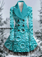 Floral Print Vintage Elegant Lapel V-Neck Button Up Long Sleeve Coat Dress A / S