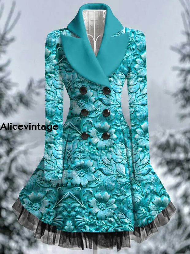 Floral Print Vintage Elegant Lapel V-Neck Button Up Long Sleeve Coat Dress A / S