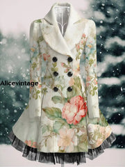 Floral Print Vintage Elegant Lapel V-Neck Button Up Long Sleeve Coat Dress A / S