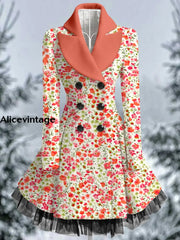 Floral Print Vintage Elegant Lapel V-Neck Button Up Long Sleeve Coat Dress A / S