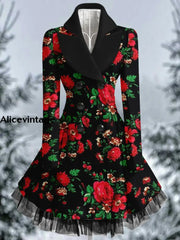 Floral Print Vintage Elegant Lapel V-Neck Button Up Long Sleeve Coat Dress A / S