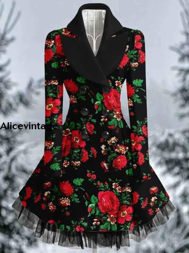 Floral Print Vintage Elegant Lapel V-Neck Button Up Long Sleeve Coat Dress A / S