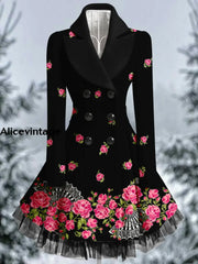 Floral Print Vintage Elegant Lapel V-Neck Button Up Long Sleeve Coat Dress A / S