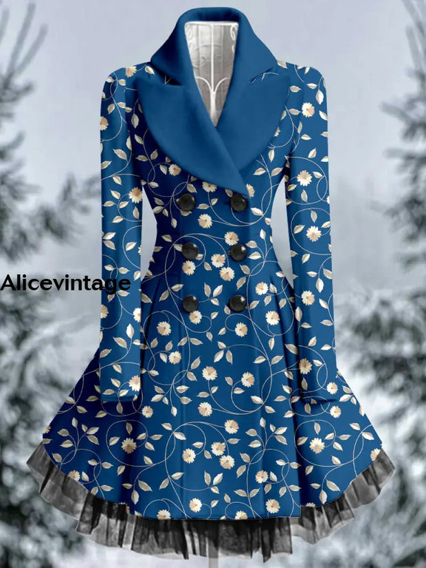 Floral Print Vintage Elegant Lapel V-Neck Button Up Long Sleeve Coat Dress A / S