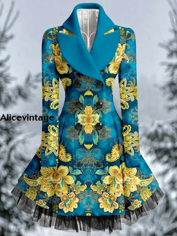 Floral Print Vintage Elegant Lapel V-Neck Button Up Long Sleeve Coat Dress A / S