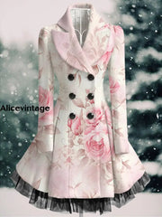 Floral Print Vintage Elegant Lapel V-Neck Button Up Long Sleeve Coat Dress A / S