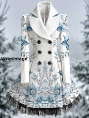 Floral Print Vintage Elegant Lapel V-Neck Button Up Long Sleeve Coat Dress A / S