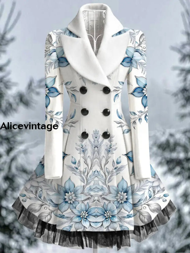 Floral Print Vintage Elegant Lapel V-Neck Button Up Long Sleeve Coat Dress A / S