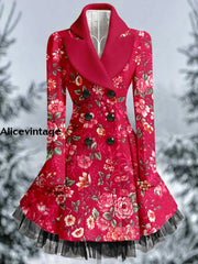 Floral Print Vintage Elegant Lapel V-Neck Button Up Long Sleeve Coat Dress A / S