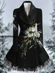 Floral Print Vintage Elegant Lapel V-Neck Button Up Long Sleeve Coat Dress A / S