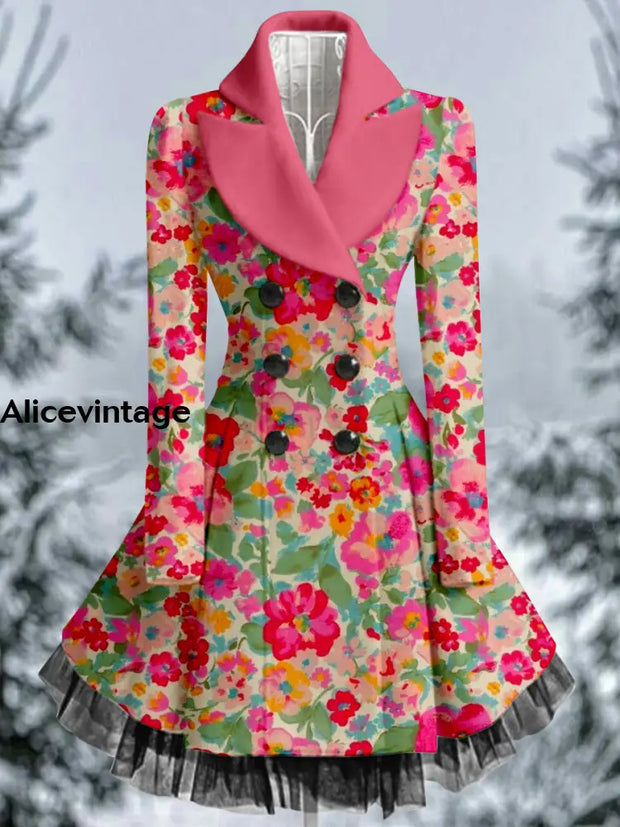 Floral Print Vintage Elegant Lapel V-Neck Button Up Long Sleeve Coat Dress A / S