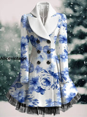 Floral Print Vintage Elegant Lapel V-Neck Button Up Long Sleeve Coat Dress A / S