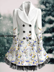 Floral Print Vintage Elegant Lapel V-Neck Button Up Long Sleeve Coat Dress A / S