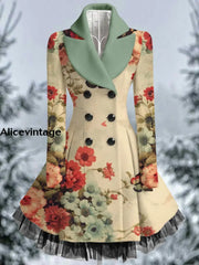 Floral Print Vintage Elegant Lapel V-Neck Button Up Long Sleeve Coat Dress A / S