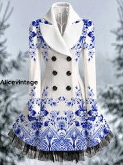 Floral Print Vintage Elegant Lapel V-Neck Button Up Long Sleeve Coat Dress A / S