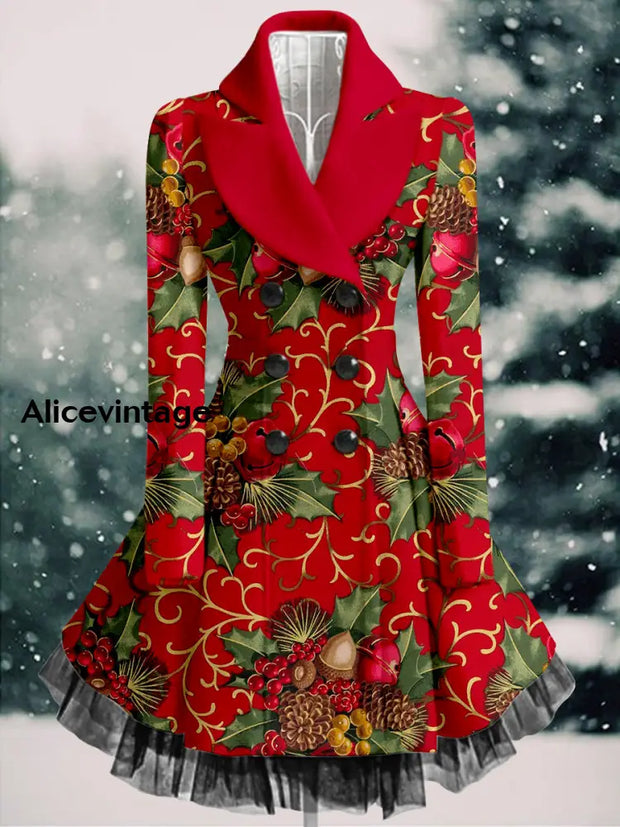 Floral Print Vintage Elegant Lapel V-Neck Button Up Long Sleeve Coat Dress A / S