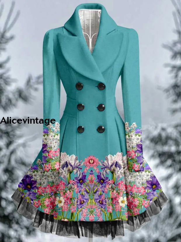 Floral Print Vintage Elegant Lapel V-Neck Button Up Long Sleeve Coat Dress A / S