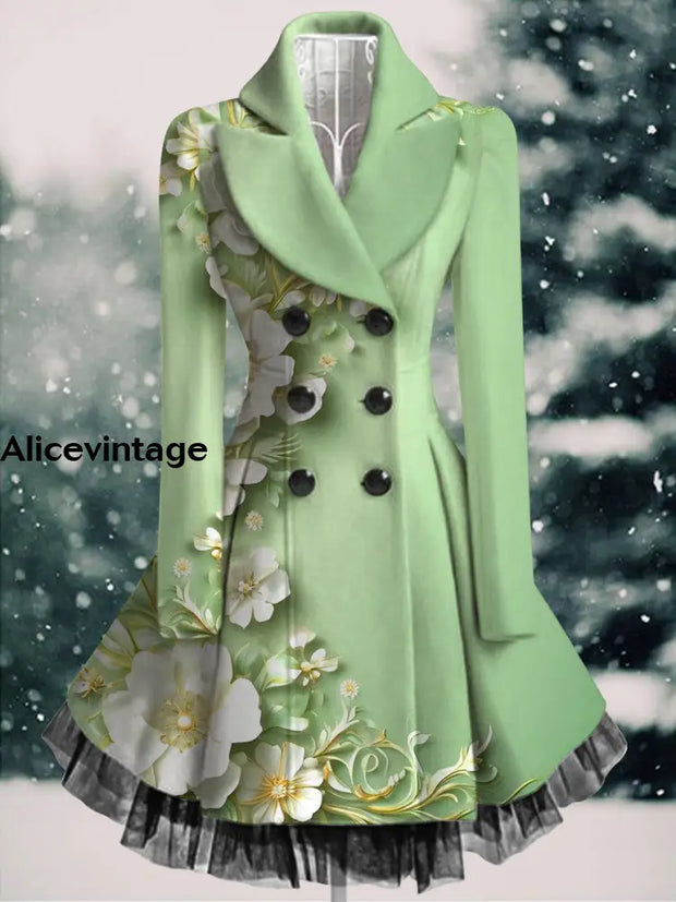 Floral Print Vintage Elegant Lapel V-Neck Button Up Long Sleeve Coat Dress A / S