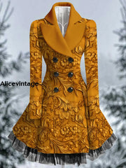 Floral Print Vintage Elegant Lapel V-Neck Button Up Long Sleeve Coat Dress A / S