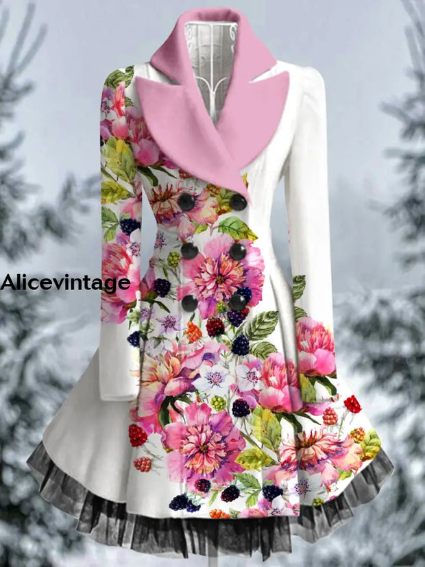 Floral Print Vintage Elegant Lapel V-Neck Button Up Long Sleeve Coat Dress A / S