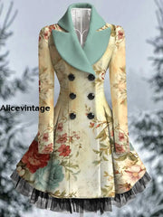 Floral Print Vintage Elegant Lapel V-Neck Button Up Long Sleeve Coat Dress A / S