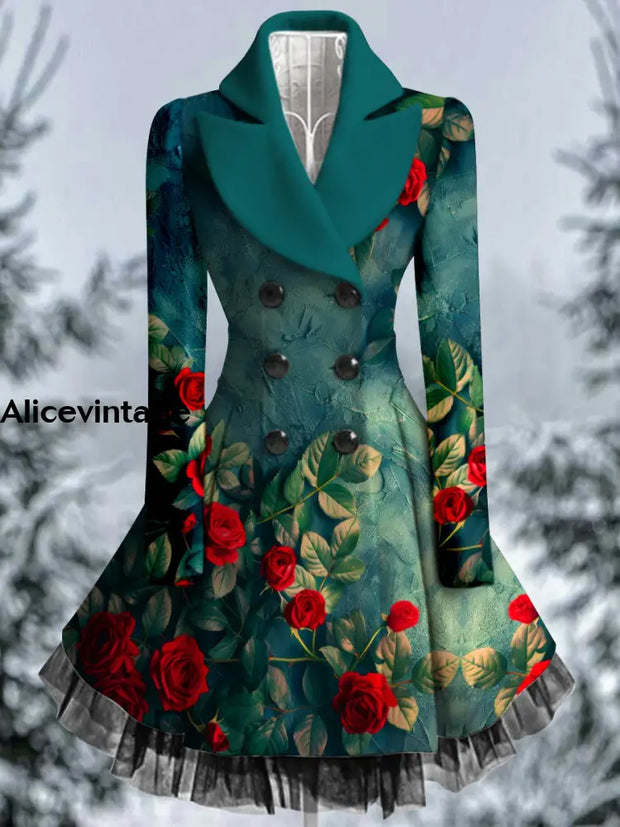 Floral Print Vintage Elegant Lapel V-Neck Button Up Long Sleeve Coat Dress A / S