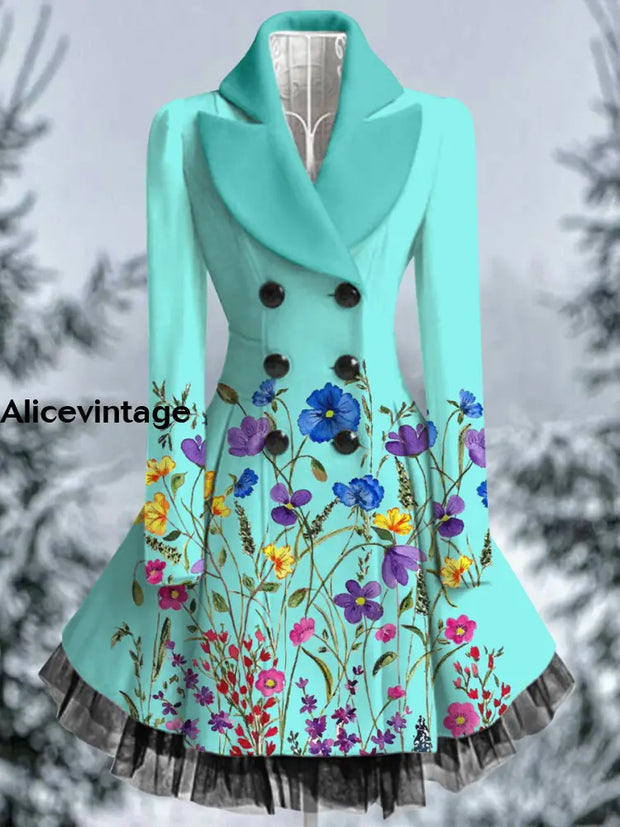 Floral Print Vintage Elegant Lapel V-Neck Button Up Long Sleeve Coat Dress A / S