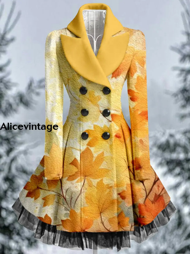 Floral Print Vintage Elegant Lapel V-Neck Button Up Long Sleeve Coat Dress A / S