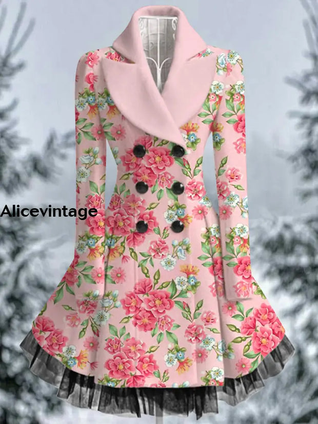 Floral Print Vintage Elegant Lapel V-Neck Button Up Long Sleeve Coat Dress A / S