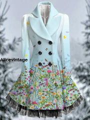 Floral Print Vintage Elegant Lapel V-Neck Button Up Long Sleeve Coat Dress A / S