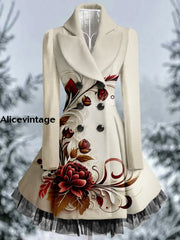 Floral Print Vintage Elegant Lapel V-Neck Button Up Long Sleeve Coat Dress A / S