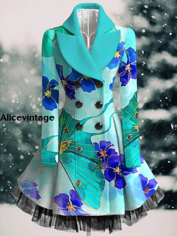 Floral Print Vintage Elegant Lapel V-Neck Button Up Long Sleeve Coat Dress A / S