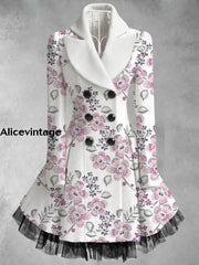 Floral Print Vintage Elegant Lapel V-Neck Button Up Long Sleeve Midi Dress