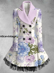 Floral Print Vintage Elegant Lapel V-Neck Button Up Long Sleeve Midi Dress