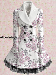 Floral Print Vintage Elegant Lapel V-Neck Button Up Long Sleeve Midi Dress