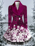 Floral Print Vintage Elegant Lapel V-Neck Button Up Long Sleeve Midi Dress A / S