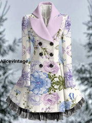 Floral Print Vintage Elegant Lapel V-Neck Button Up Long Sleeve Midi Dress A / S