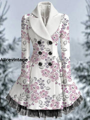 Floral Print Vintage Elegant Lapel V-Neck Button Up Long Sleeve Midi Dress A / S