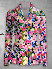 Floral Print Vintage Elegant Lapel V-Neck Button Up Long Sleeve Top