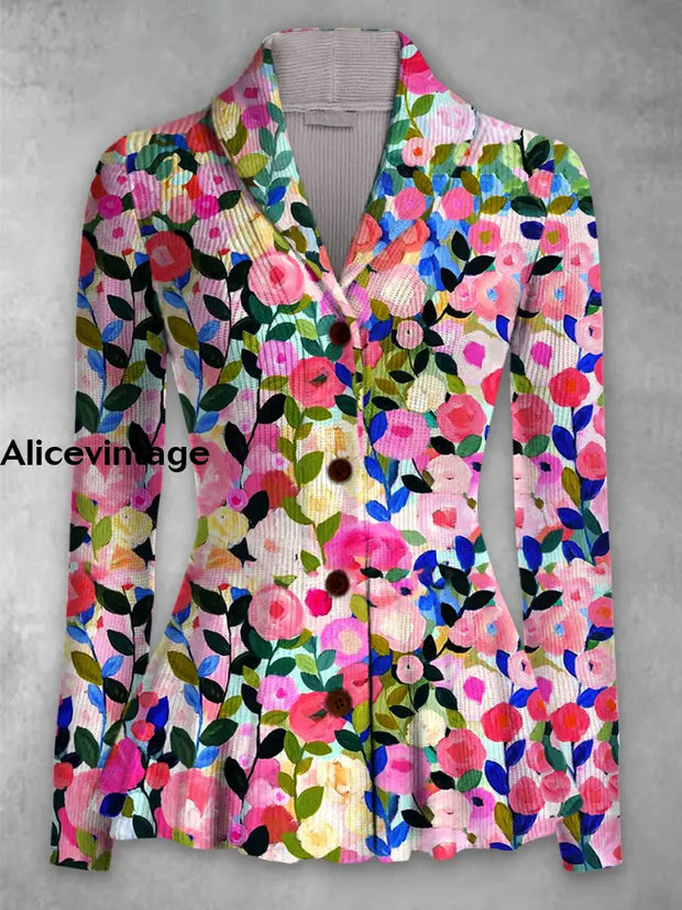 Floral Print Vintage Elegant Lapel V-Neck Button Up Long Sleeve Top