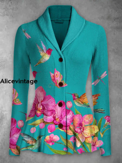 Floral Print Vintage Elegant Lapel V-Neck Button Up Long Sleeve Top A / S