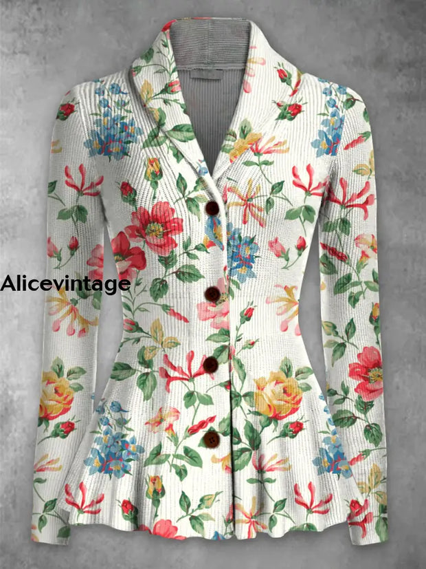 Floral Print Vintage Elegant Lapel V-Neck Button Up Long Sleeve Top A / S