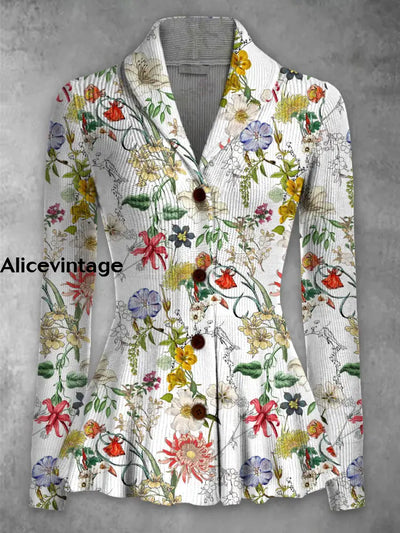 Floral Print Vintage Elegant Lapel V-Neck Button Up Long Sleeve Top A / S