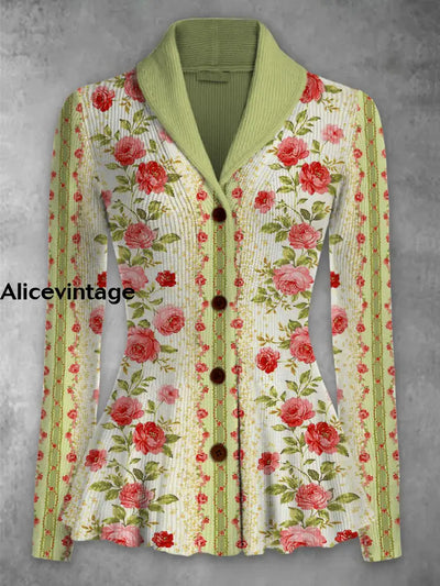 Floral Print Vintage Elegant Lapel V-Neck Button Up Long Sleeve Top A / S