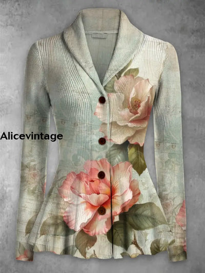 Floral Print Vintage Elegant Lapel V-Neck Button Up Long Sleeve Top A / S